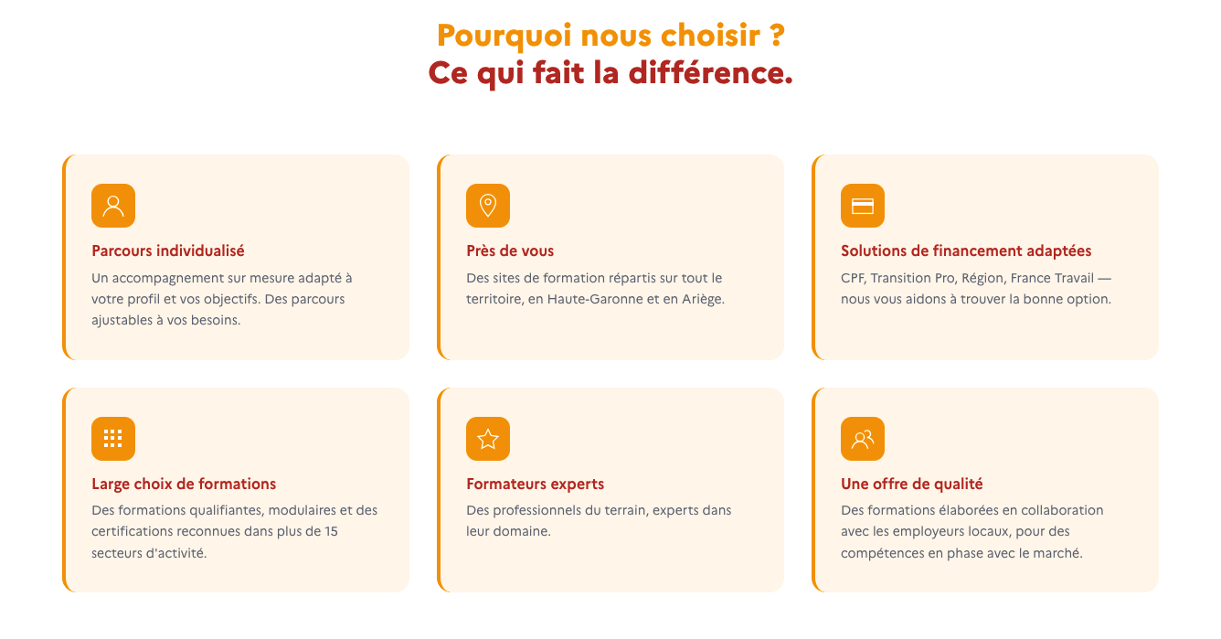 Nos atouts : parcours individualisé, des centres de formation à proximité, différentes solutions de financement, large offre de formations, formateurs experts, formations adaptées aux besoins du marché