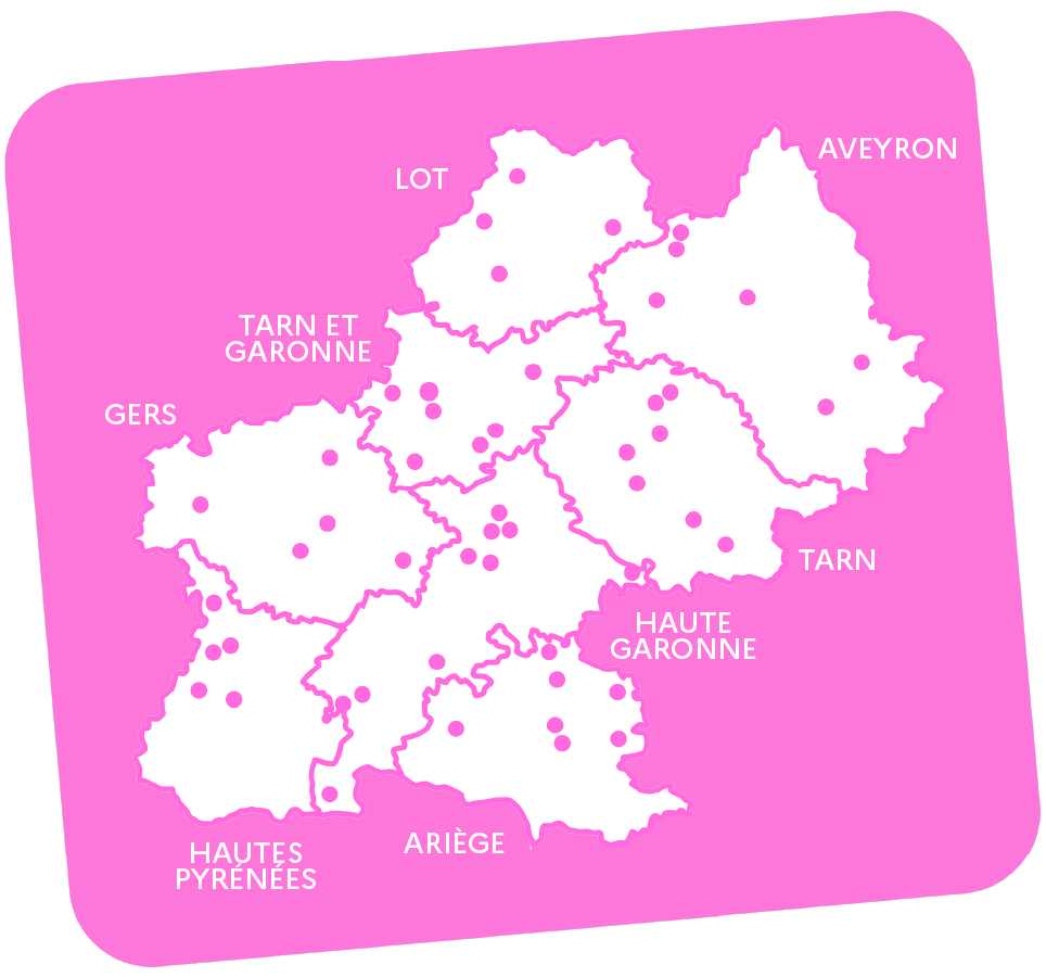 Carte blanche sur fond rose avec des points rose et les noms des 8 départements de l'académie de Toulouse