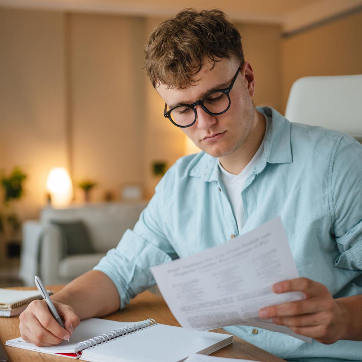 Homme qui prend des notes sur un cahier